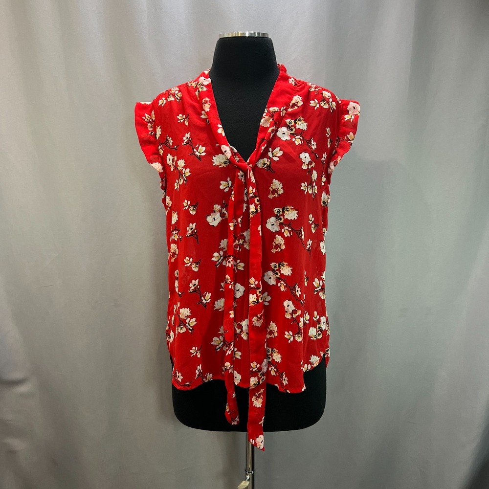 Midnight Sky Blouse Top Womens Large Red Floral Pleated Back High Low Tie Neck